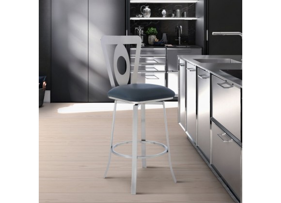 Armen Living Lola Contemporary Counter Height Barstool In Brushed Stainless Steel Finish And Gray Faux Leather 