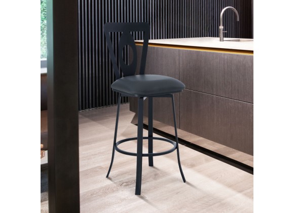 Armen Living Lola Contemporary Counter Height Barstool In Matte Black Finish And Gray Faux Leather 