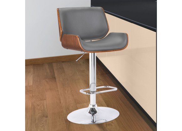 London Grey Faux Leather Adjustable Height Swivel Walnut Wood and Chrome Bar Stool