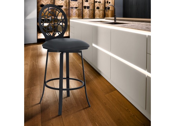 Armen Living Lotus Contemporary Counter Height Barstool In Matte Black Finish And Gray Faux Leather