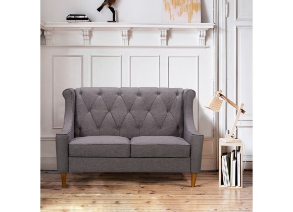 Luxe Mid-Century Loveseat in Champagne Wood Finish and Dark Grey Fabric - Lifestyle