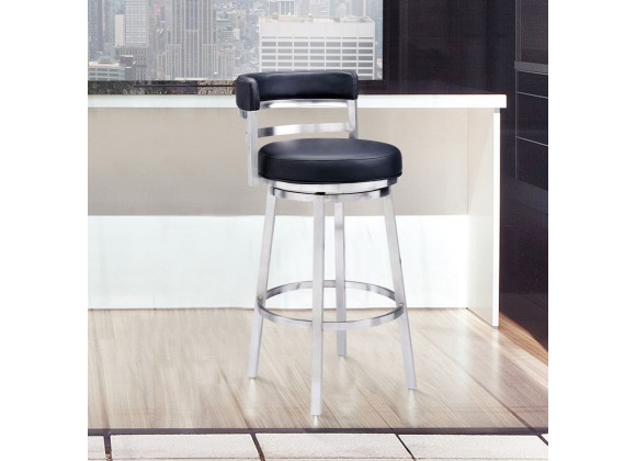 Madrid Contemporary 26" Counter Height Barstool in Brushed Stainless Steel Finish and Black Faux Leather