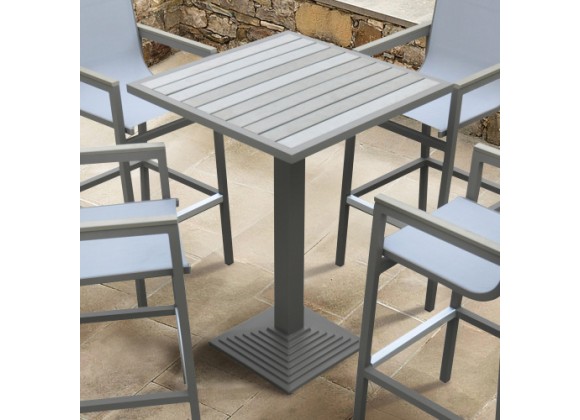 Armen Living Marina Outdoor Grey Patio Bar Table in Grey Powder Coated Finish and Grey Wood Top- Set View