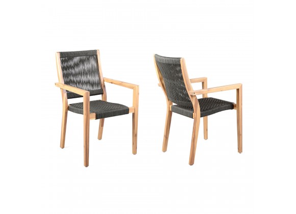 Madsen Outdoor Patio Charcoal Rope Arm Chair in Natural Acacia - Set of 2