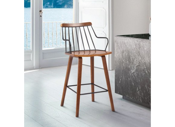 Armen Living Micah Walnut And Metal Modern 26" Counter Height Bar Stool In Black Powder Coated Footrest/Back