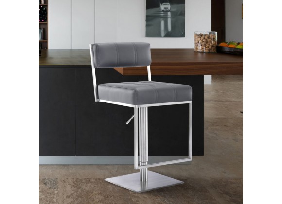 Michele Swivel Adjustable Height Grey Faux Leather and Brushed Stainless Steel Bar Stool