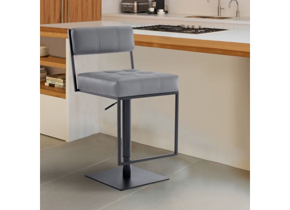 Armen Living Michele Contemporary Swivel Barstool In Matte Black Finish And Gray Faux Leather