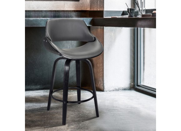 Armen Living Mona Contemporary Counter Height Swivel Barstool In Black Brush Wood Finish And Gray Faux Leather 