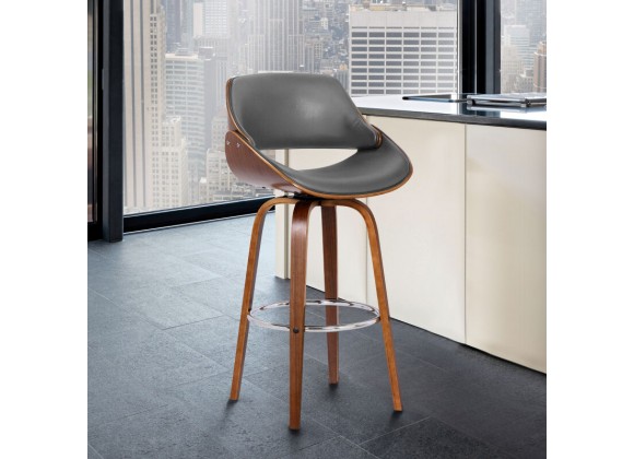 Armen Living Mona Contemporary Counter Height Swivel Barstool In Walnut Wood Finish And Gray Faux Leather 