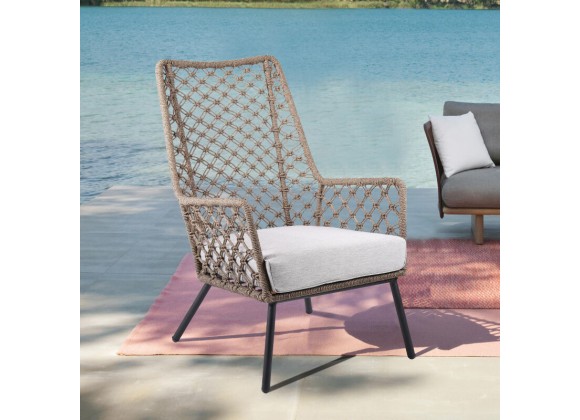 Armen Living Marco Indoor Outdoor Steel Lounge Chair with Truffle Rope and Grey Cushion