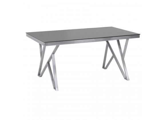 Armen Living Mirage Contemporary Dining Table in Brushed Stainless Steel and Gray Tempered Glass Top - Angled
