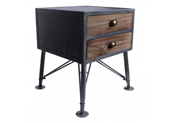 Mathis Industrial 2-Drawer End Table in Industrial Grey and Pine Wood - Angled