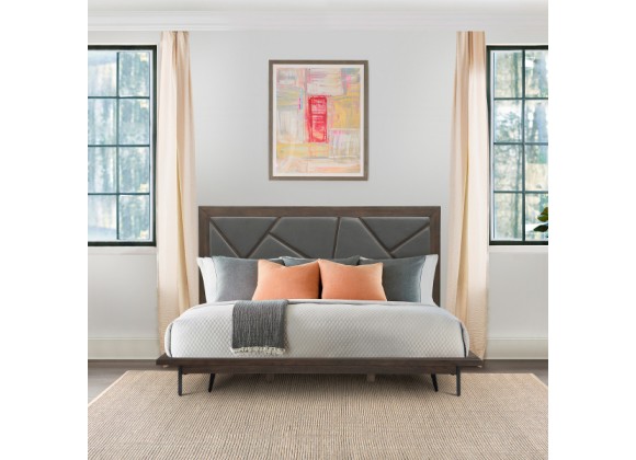 Armen Living Marquis Platform Bed Frame in Oak Wood with Faux Leather Headboard and Black Metal Legs