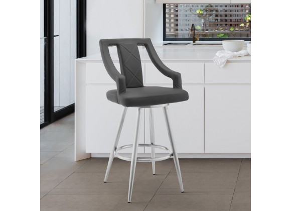 Armen Living Maxen Gray Faux Leather And Brushed Stainless Steel Swivel Counter Stool 
