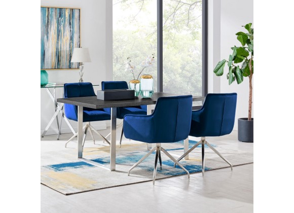 Noah Dining Room Accent Chair in Blue Velvet and Brushed Stainless Steel Finish