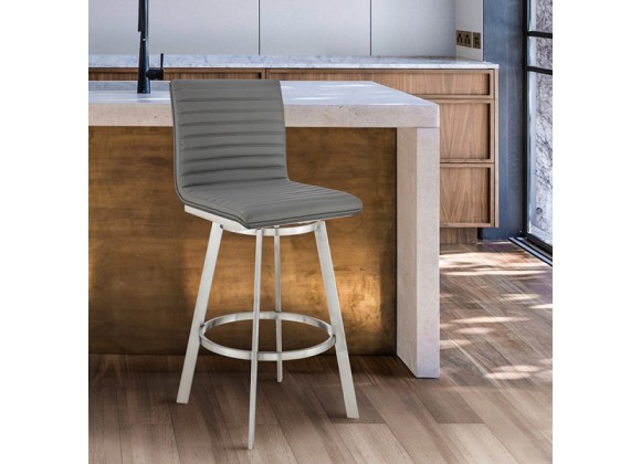 Armen Living Nikole Swivel Bar Stool In Brushed Stainless Steel Finish And Gray Faux Leather