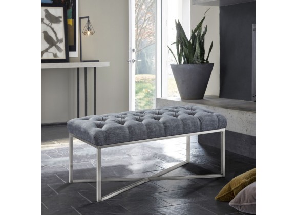 Armen Living Noel Contemporary Bench In Slate Gray Linen And Brushed Stainless Steel Finish 