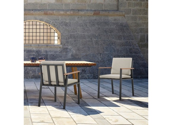Armen Living Nofi Outdoor Patio Dining Chair In Charcoal Finish With Taupe Cushions And Teak Wood Accent Arms