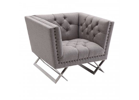 Odyssey Sofa Chair in Brushed Stainless Steel finish with Grey Tweed and Black Nail Heads - Angled