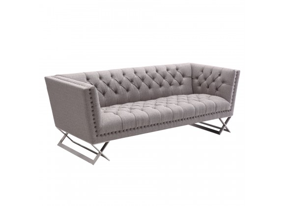 Armen Living Odyssey Sofa in Brushed Stainless Steel finish with Grey Tweed and Black Nail Heads - Angled