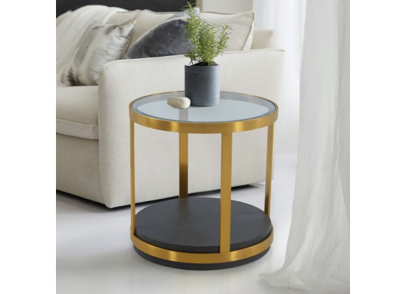 Armen Living Hattie Glass Top and Walnut Wood End Table with Brushed Gold Frame