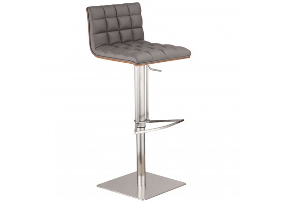 Oslo Adjustable Brushed Stainless Steel Barstool in Gray Faux Leather with Walnut Back - Angled