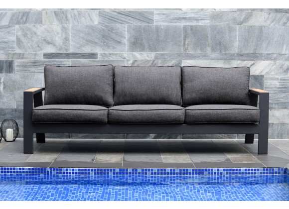 Armen Living Palau Outdoor Sofa in Dark Grey with Natural Teak Wood Accent and Cushions