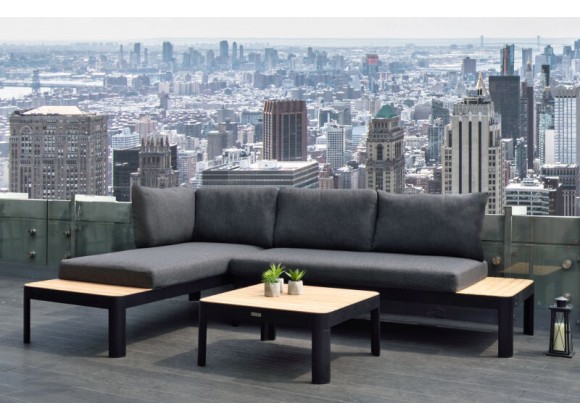 Armen Living Portals Outdoor Square Coffee Table in Black Finish with Natural Teak Wood Top Set View