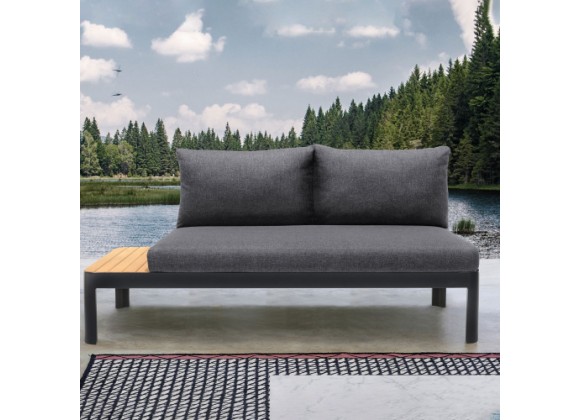 Armen Living Portals Outdoor Sofa in Black Finish with Natural Teak Wood Accent and Grey Cushions