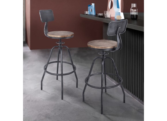 Armen Living Perlo Industrial Adjustable Barstool In Industrial Gray And Pine Wood 