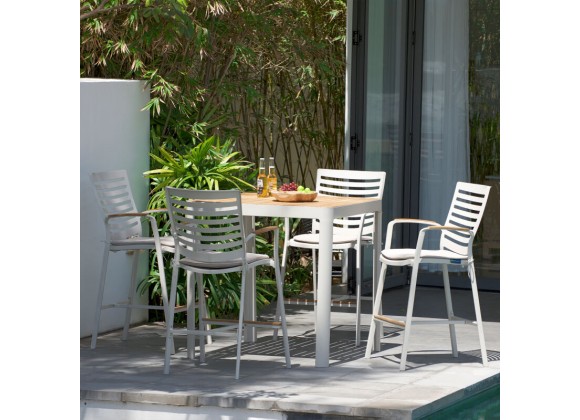 Armen Living Portals Outdoor Patio Aluminum Barstool In Light Matte Sand With Natural Teak Wood Accent In Beige