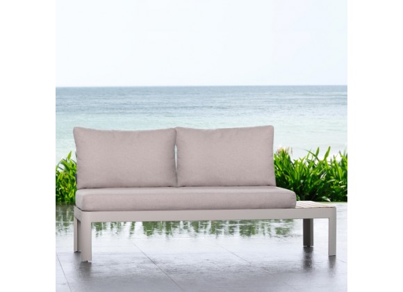 Armen Living Portals Outdoor Sofa in Light Matte Sand Finish with Natural Teak Wood and Beige Cushions