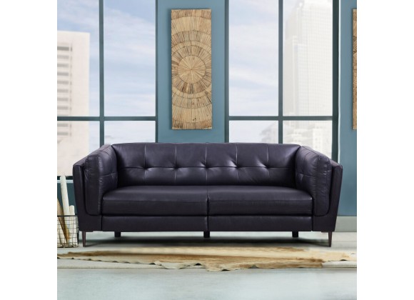 Armen Living Primrose Contemporary Sofa in Dark Metal Finish and Navy Genuine Leather
