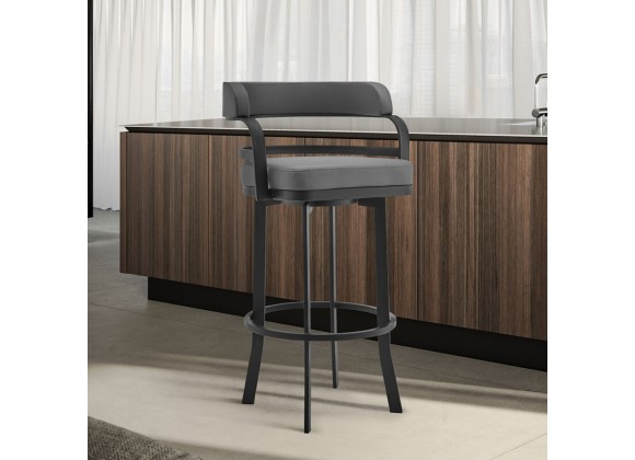 Armen Living Prinz Swivel Grey Faux Leather and Black Metal Bar Stool