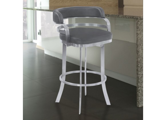 Armen Living Prinz Metal Swivel Barstool In Faux Leather with Brushed Stainless Steel Finish