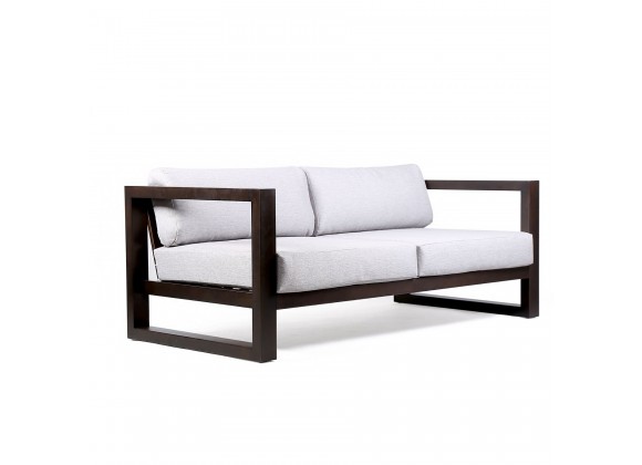 Paradise Outdoor Patio Solid Eucalyptus Wood Sofa with Dark Finish and Light Gray Fabric - Angled