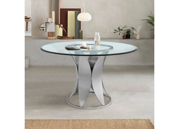 Armen Living Petal Modern Glass And Stainless Steel Round Pedestal Dining Table In Brushed Stainless Steel Finishing