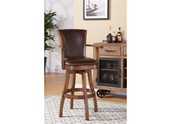 Armen Living Raleigh Arm 26" Counter Height Swivel Wood Barstool in Chestnut Finish and Kahlua Faux Leather - Lifestyle