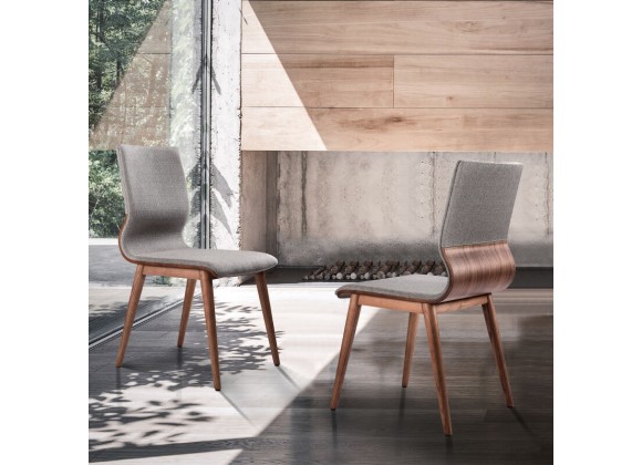 Armen Living Robin Mid-Century Dining Chair In Walnut Finish And Gray Fabric - Set of 2