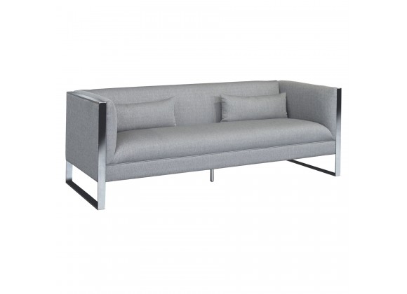 Royce Contemporary Sofa with Polished Stainless Steel and Grey Fabric  - Angled