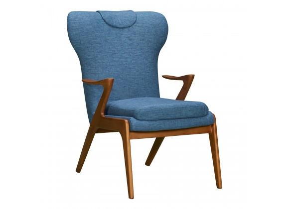 Ryder Mid-Century Accent Chair in Champagne Ash Wood Finish and Blue Fabric - Angled