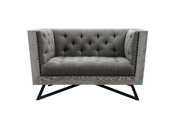Regis Contemporary Chair in Grey Fabric with Black Metal Finish Legs and Antique Brown Nailhead Accents - Front