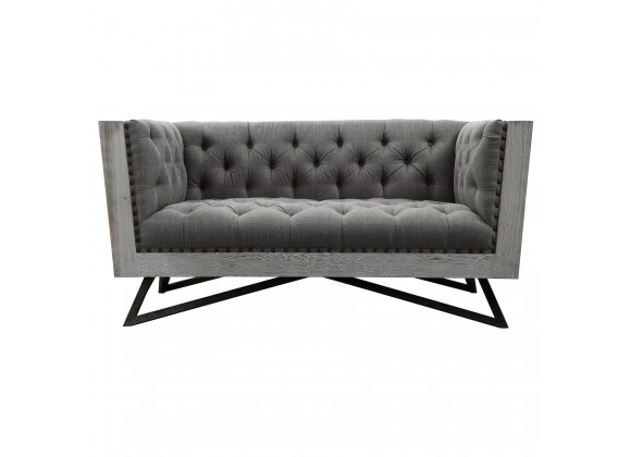 Armen Living Regis Contemporary Loveseat in Grey Fabric with Black Metal Finish Legs and Antique Brown Nailhead Accents