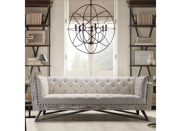 Armen Living Regis Sofa in Cream Fabric with Black Metal Finish Legs and Antique Brown Nailhead Accents