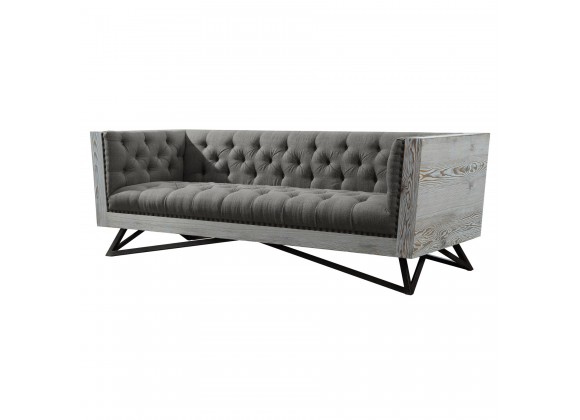 Armen Living Regis Contemporary Sofa in Grey Fabric with Black Metal Finish Legs and Antique Brown Nailhead Accents - Angled