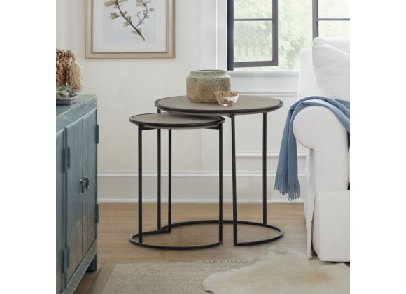 Armen Living Rina Concrete and Black Metal 2 Piece Nesting End Table Set in Natural