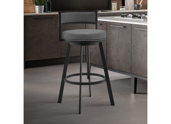 Armen Living Roman Gray Faux Leather And Black Metal Swivel Bar And Counter Stool
