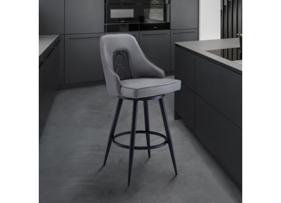 Armen Living Ruby Counter Height Swivel Grey Faux Leather And Black Metal Bar Stool