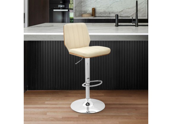 Armen Living Sabine Adjustable Swivel Cream Faux Leather with Walnut Back and Chrome Bar Stool
