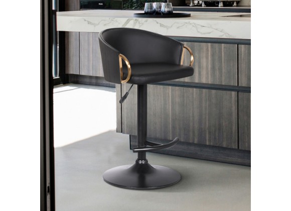Armen Living Solstice Adjustable Black Faux Leather Swivel Barrstool With Black Powder Coated Finish and Gold Accents
